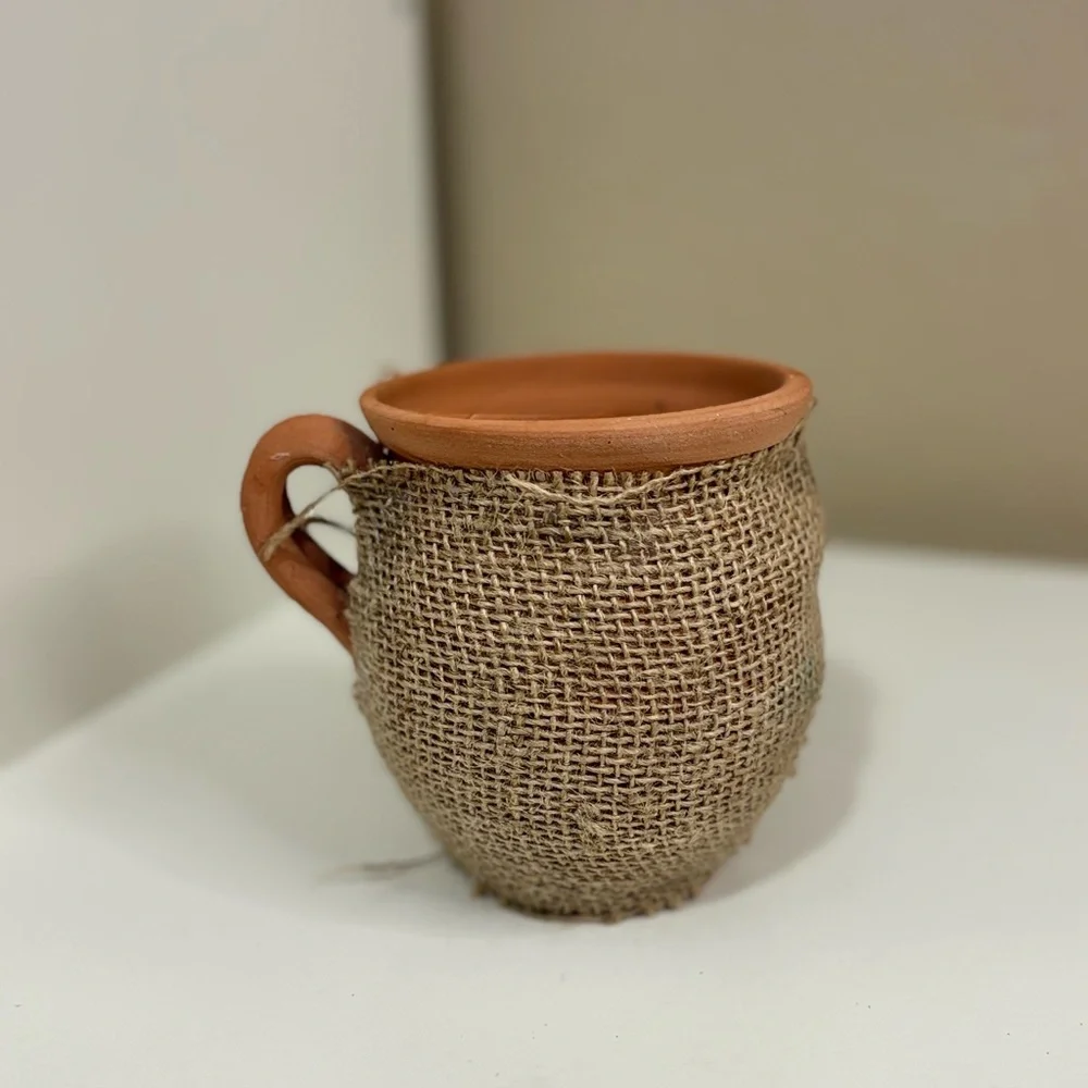 Handmade Algerian Clay Mug Rustic Burlap Wrapped Cup